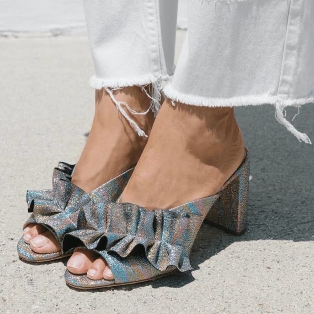 Loeffler Randall Esme Rainbow Ruffle Slide Open Toe Metallic Block Heel Sandals